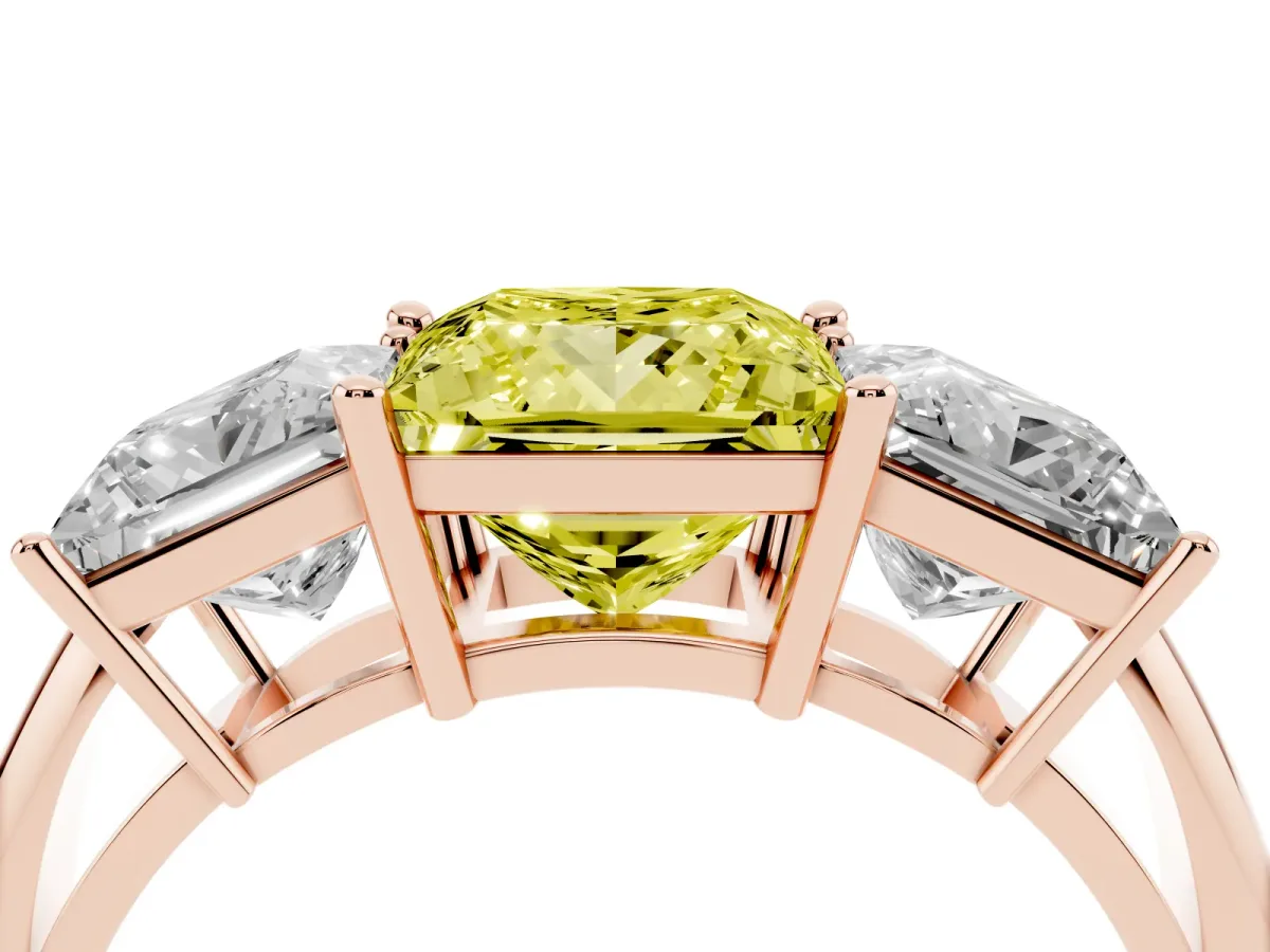 Fancy Yellow Three-Stone Princess Cut Cut Diamond Engagement Ring with Prong Setting on a White Gold Band Rose gold