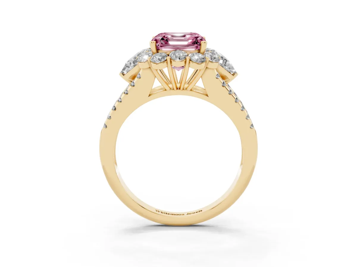 Fancy Pink Asscher Cut Halo Split Shank Diamond Engagement Ring with Prong Setting Yellow gold