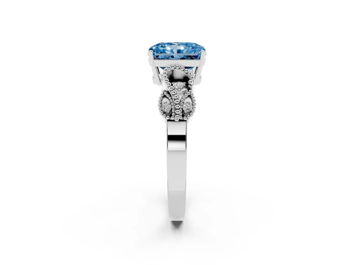 Fancy Blue Radiant Cut Solitaire Milgrain Leaf Band with Prong Setting White gold