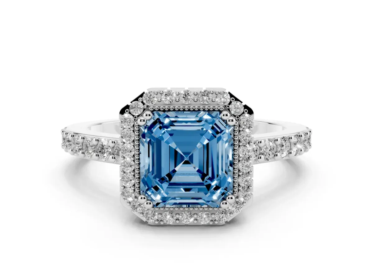 Fancy Blue Asscher Cut Cut Diamond Halo Engagement Ring with Milgrain Detail and Pavé Band Platinum