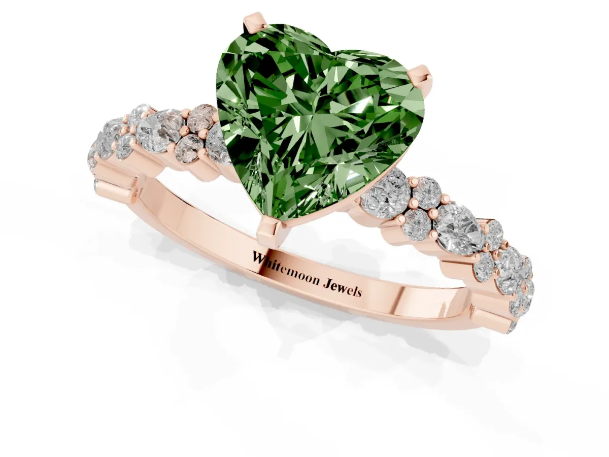 Fancy Green Heart Cut Diamond Side Stone Solitaire Ring with Round and Four-Prong Setting Rose gold