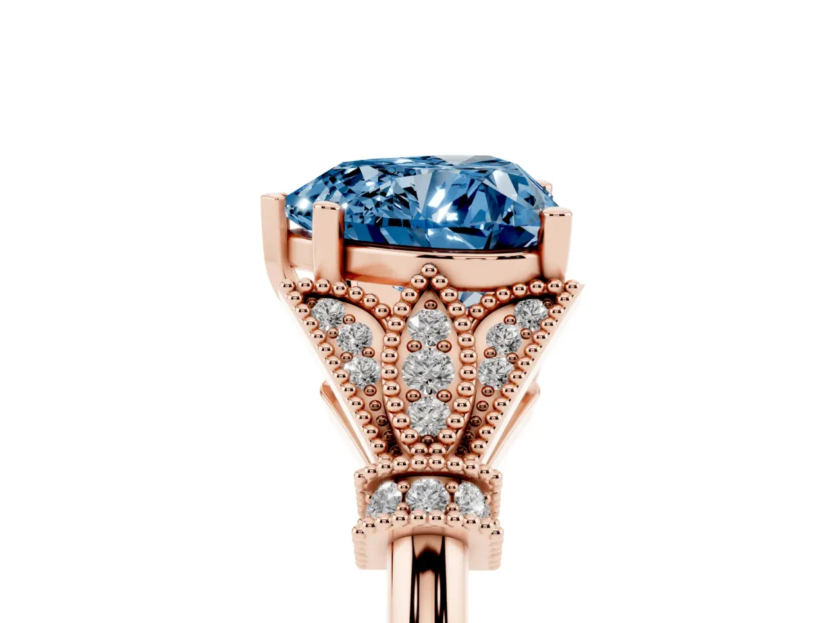 Fancy Blue Heart Cut Diamond Solitaire Ring with Floral Filigree and Pave Accents Rose gold