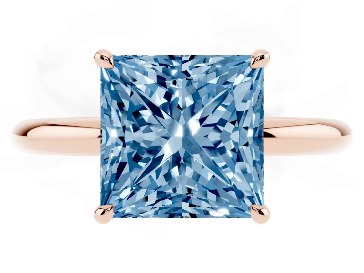 Fancy Blue Princess Cut Diamond Solitaire Ring with Thin Band and Four-Prong Setting Rose gold