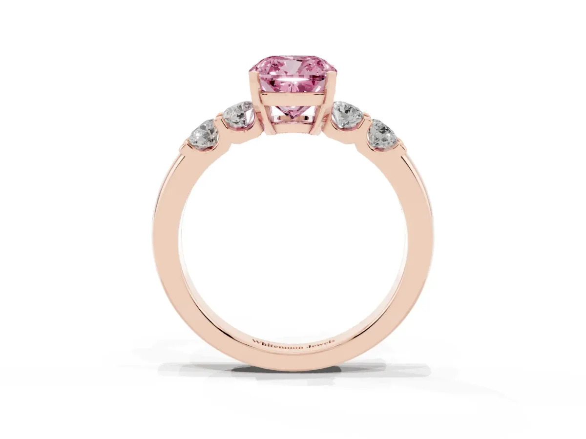 Fancy Pink Cushion Cut Brilliant Cut Diamond Five-Stone Prong Set Engagement Ring with Channel Band Rose gold