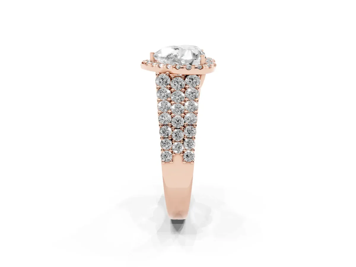 Heart Cut Diamond Halo Engagement Ring with Triple Row Round Pavé Band and Prong Setting Rose gold