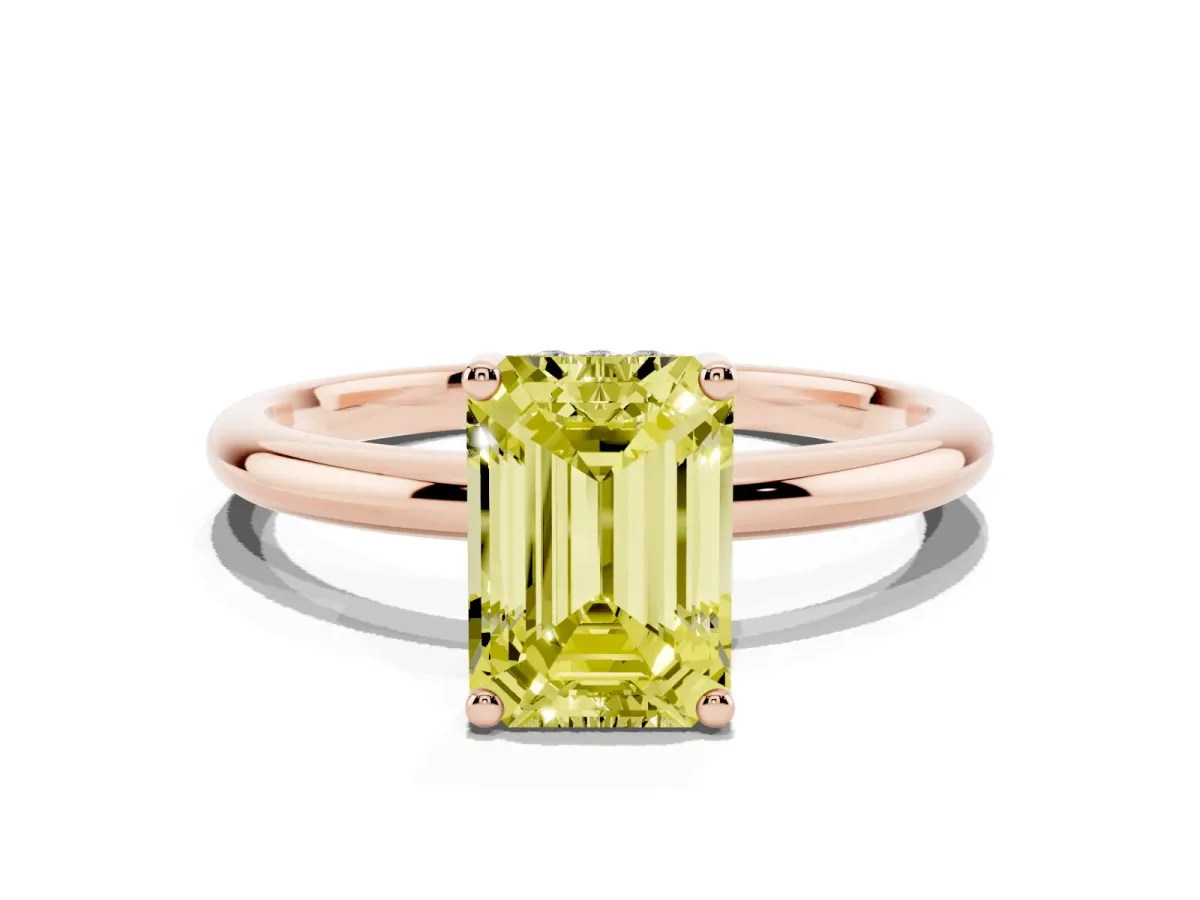 Fancy Yellow Emerald Cut Cut Solitaire Engagement Ring with Four-Prong Setting and Classic Band Rose gold