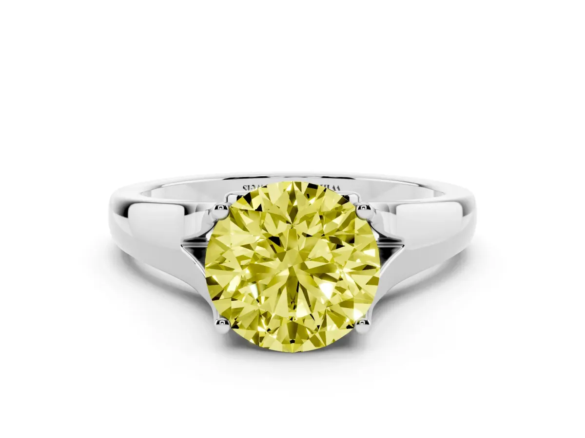 Fancy Yellow Round Cut Solitaire Diamond Ring with Cathedral Band and Four-Prong Setting Platinum