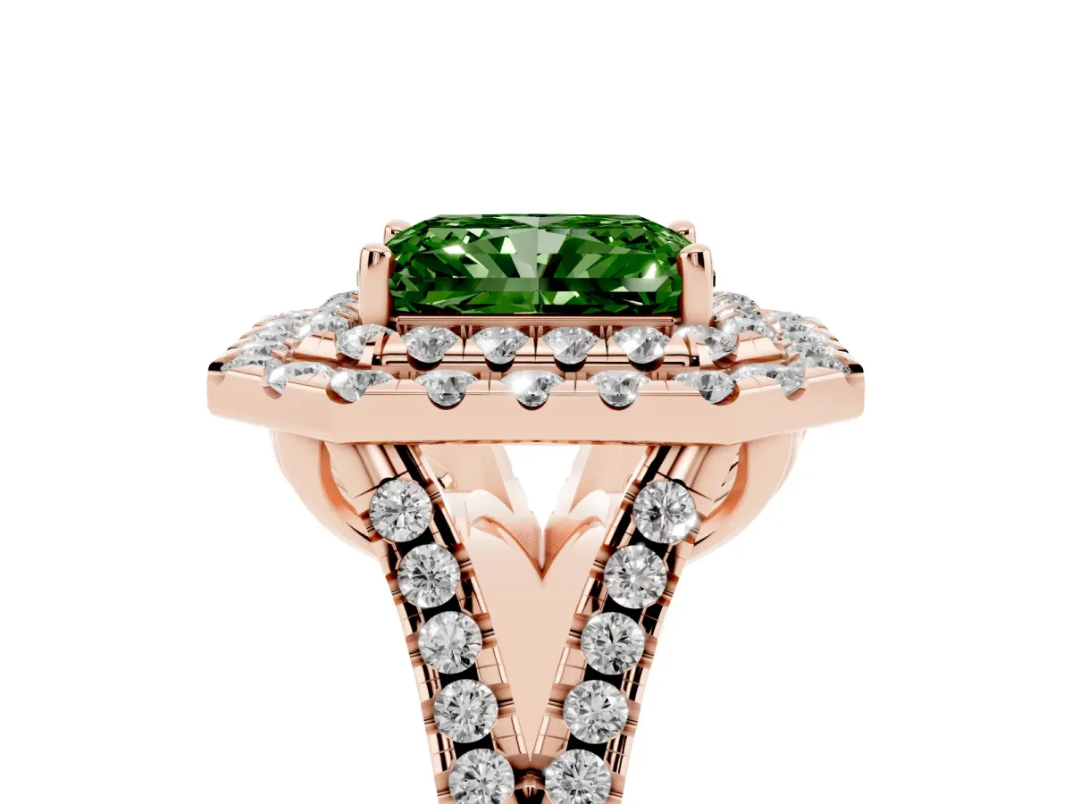Fancy Green Double Halo Radiant Cut Diamond Pavé Split Shank Ring with Prong Setting Rose gold