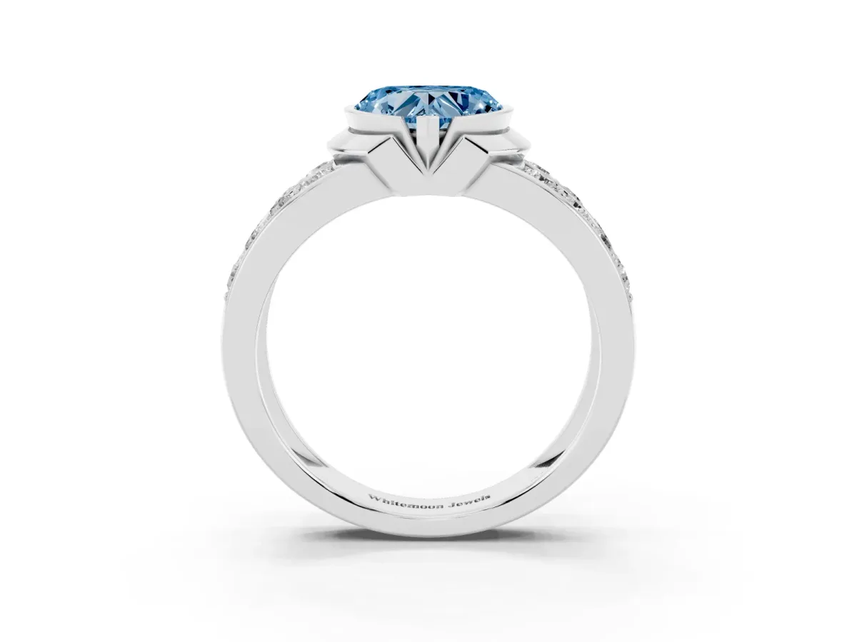 Fancy Blue Heart Cut Brilliant Diamond Channel Set Wide Band Ring with Bezel Setting Silver
