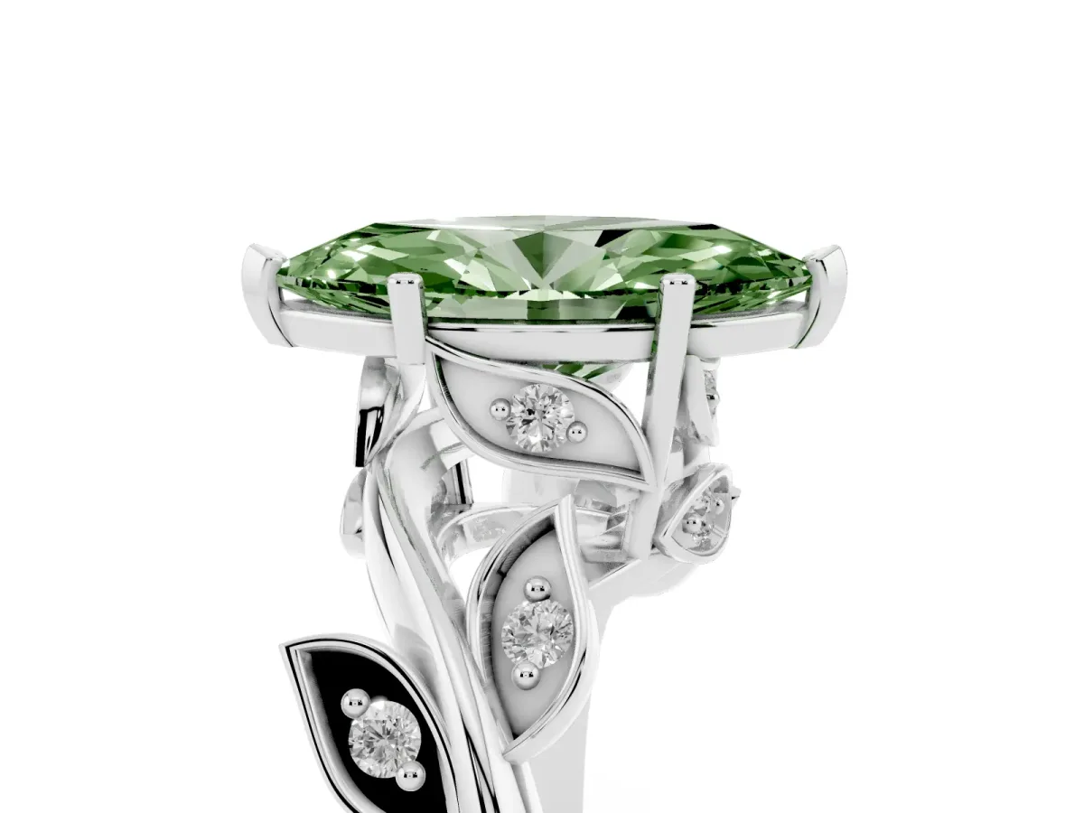 Fancy Green Marquise Cut Solitaire Twist Engagement Ring with Leaf Accents and Prong Setting Platinum