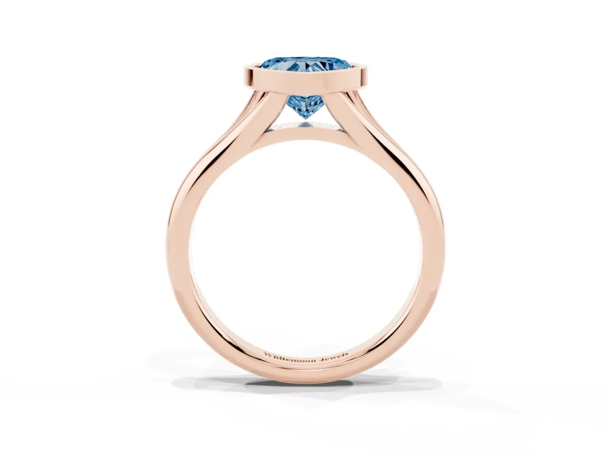 Fancy Blue Bezel Set Heart Cut Solitaire Diamond Ring with Smooth Band Rose gold