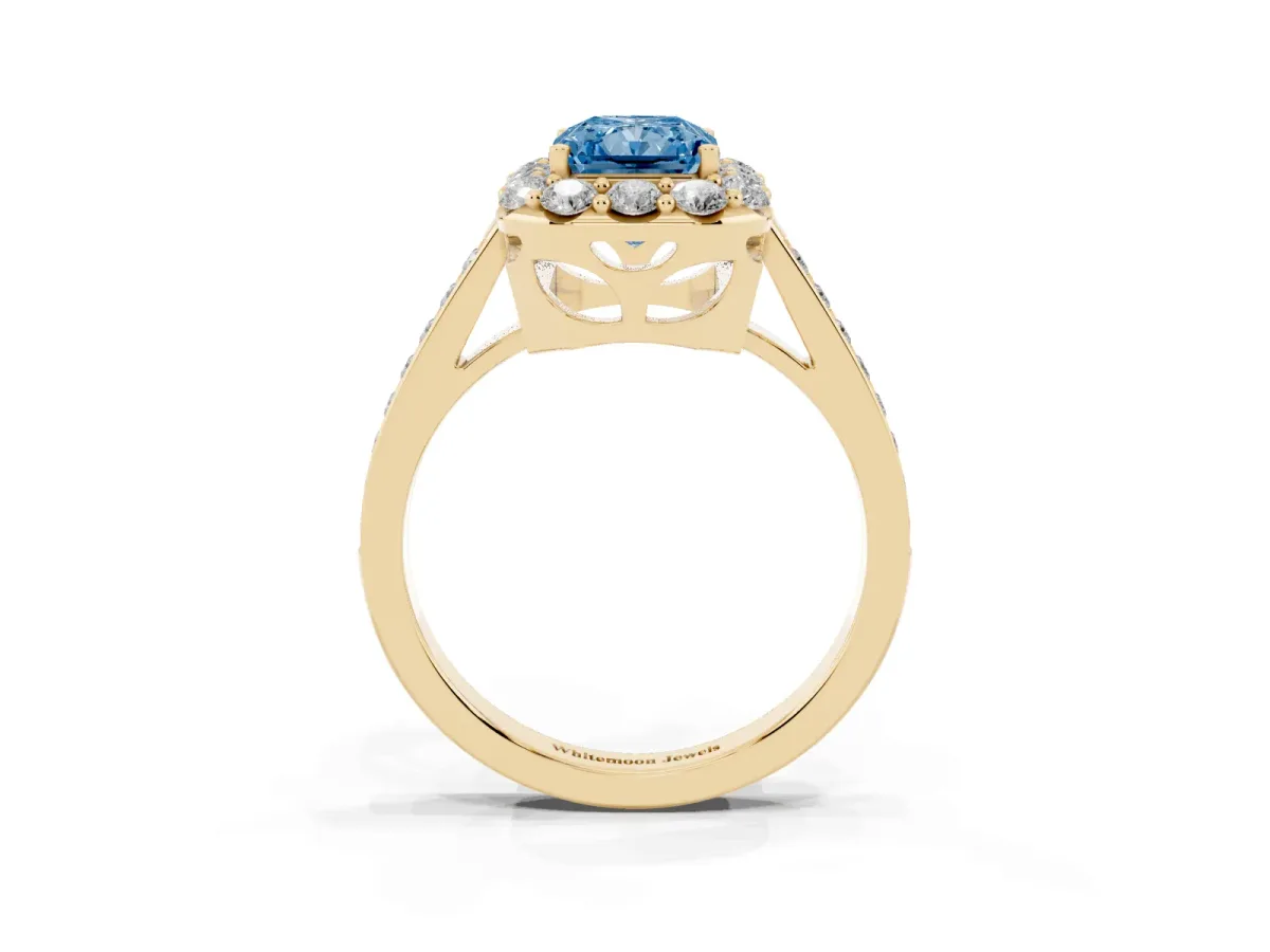Fancy Blue Radiant Cut Diamond Floral Halo Ring with Pavé Band and Prong Setting Yellow gold