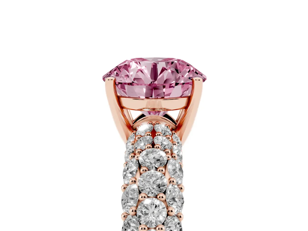 Fancy Pink Round Cut Diamond Pavé Band Solitaire Ring with Four-Prong Setting Rose gold