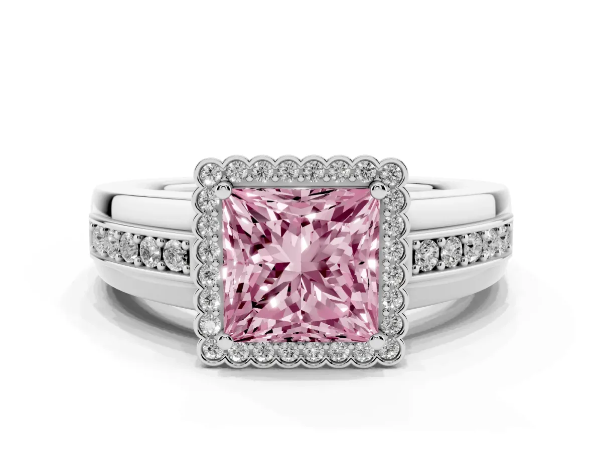Fancy Pink Princess Cut Cut Halo Pave Band Four-Prong Ring Platinum