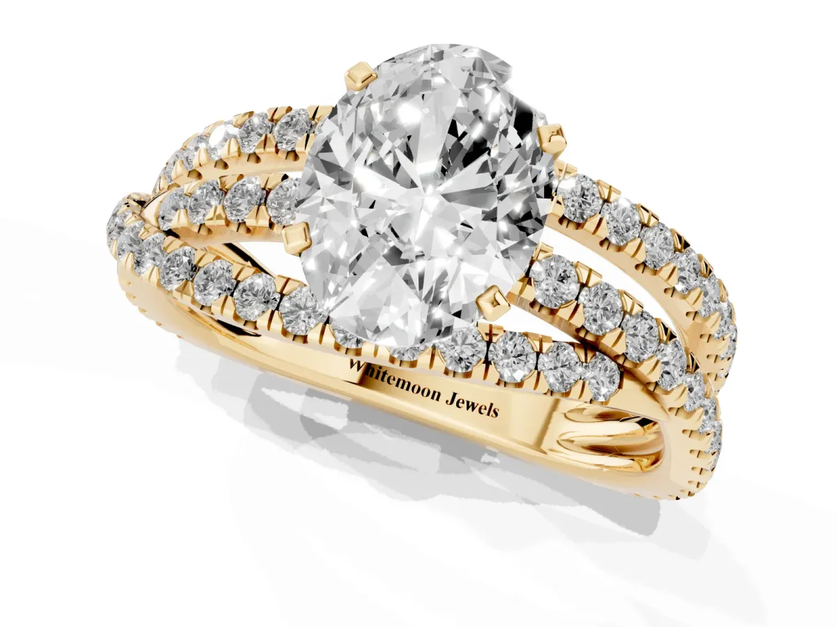 Oval Cut Solitaire Twist Band with Pavé Setting and Four-Prong Setting Yellow gold