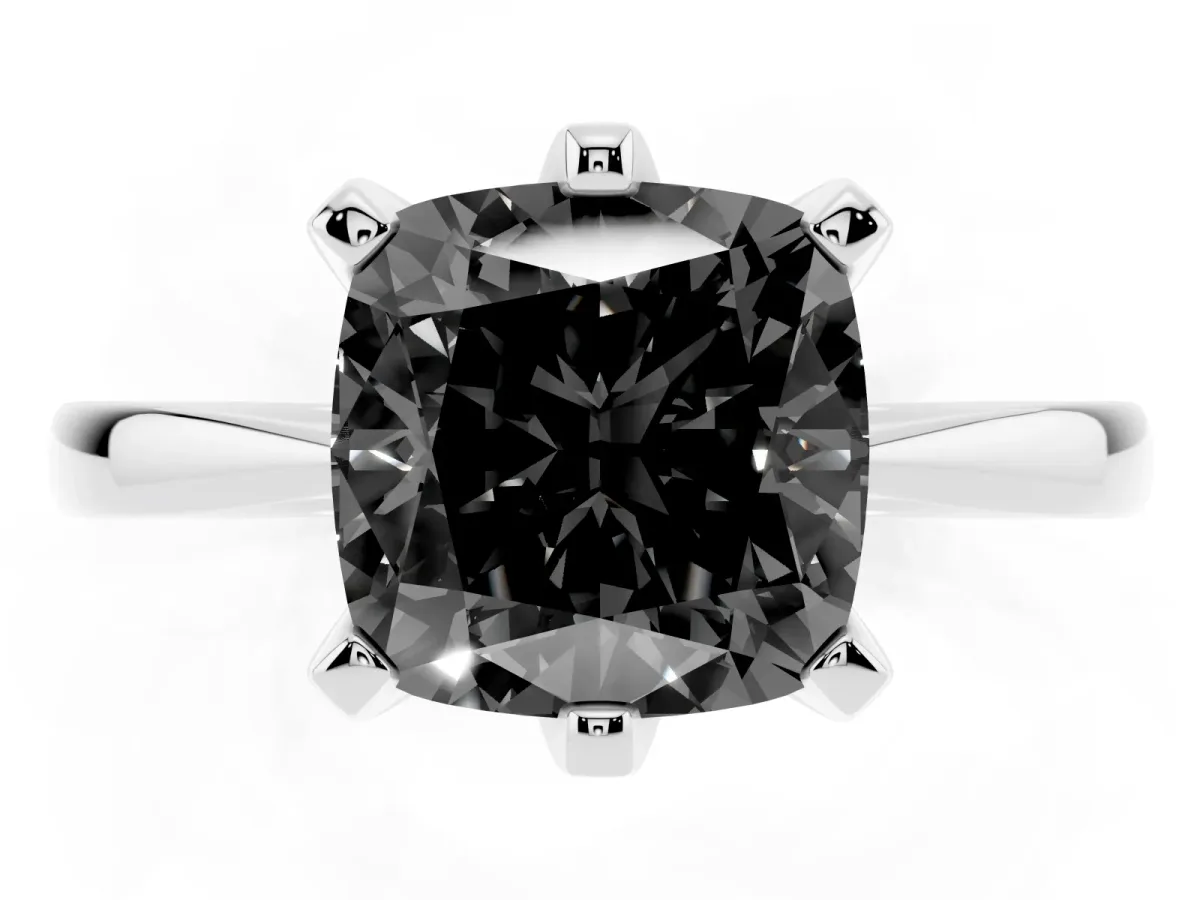 Fancy Black Cushion Cut Solitaire Engagement Ring with Six-Prong Setting and Tapered Band Platinum