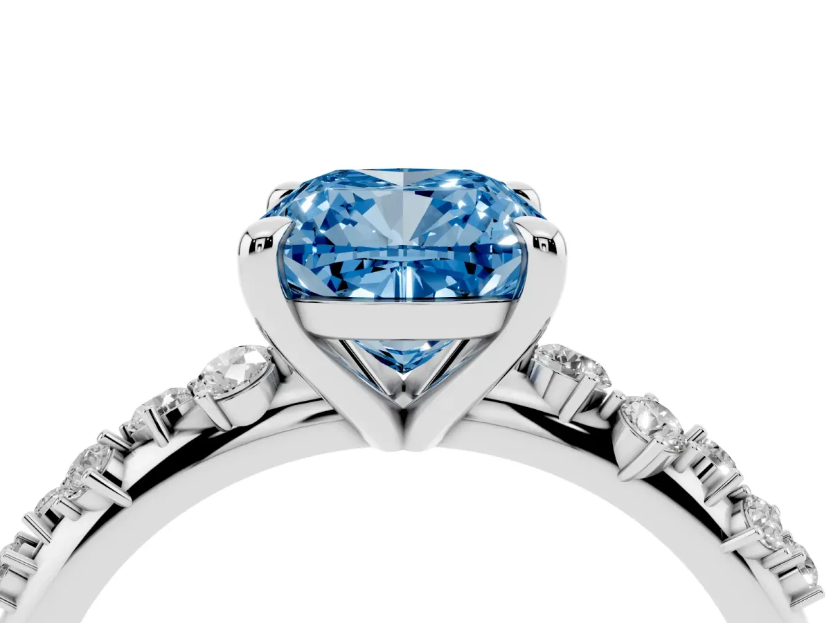 Fancy Blue Cushion Cut Cut Diamond Vine Band with Four-Prong Setting Platinum