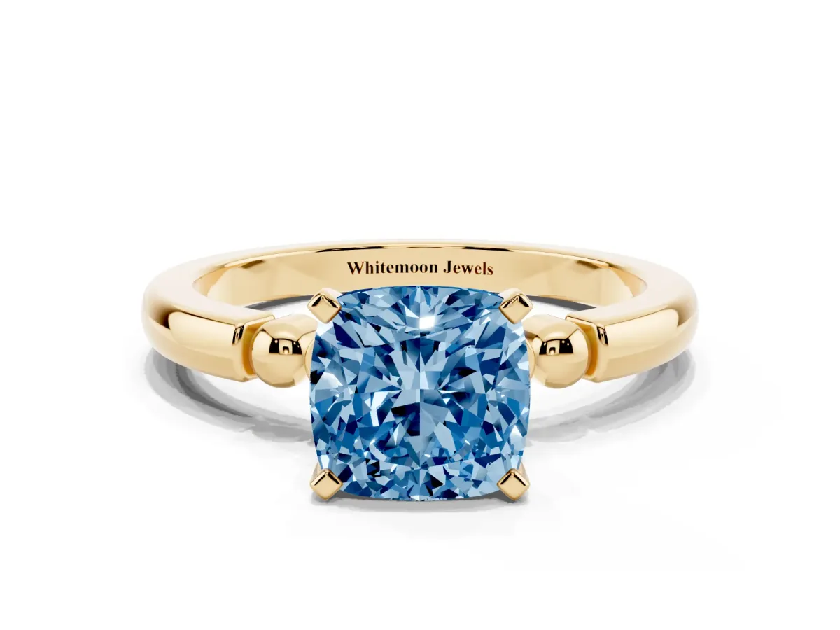 Fancy Blue Cushion Cut Solitaire Beaded Band with Four-Prong Setting Yellow gold