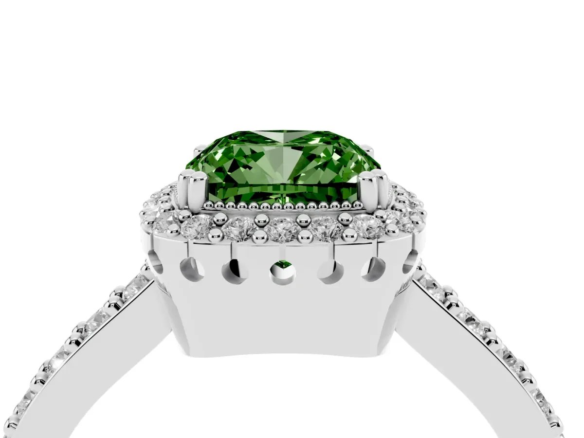 Fancy Green Cushion Cut Cut Diamond Halo Engagement Ring with Milgrain Detail and Pavé Band Platinum