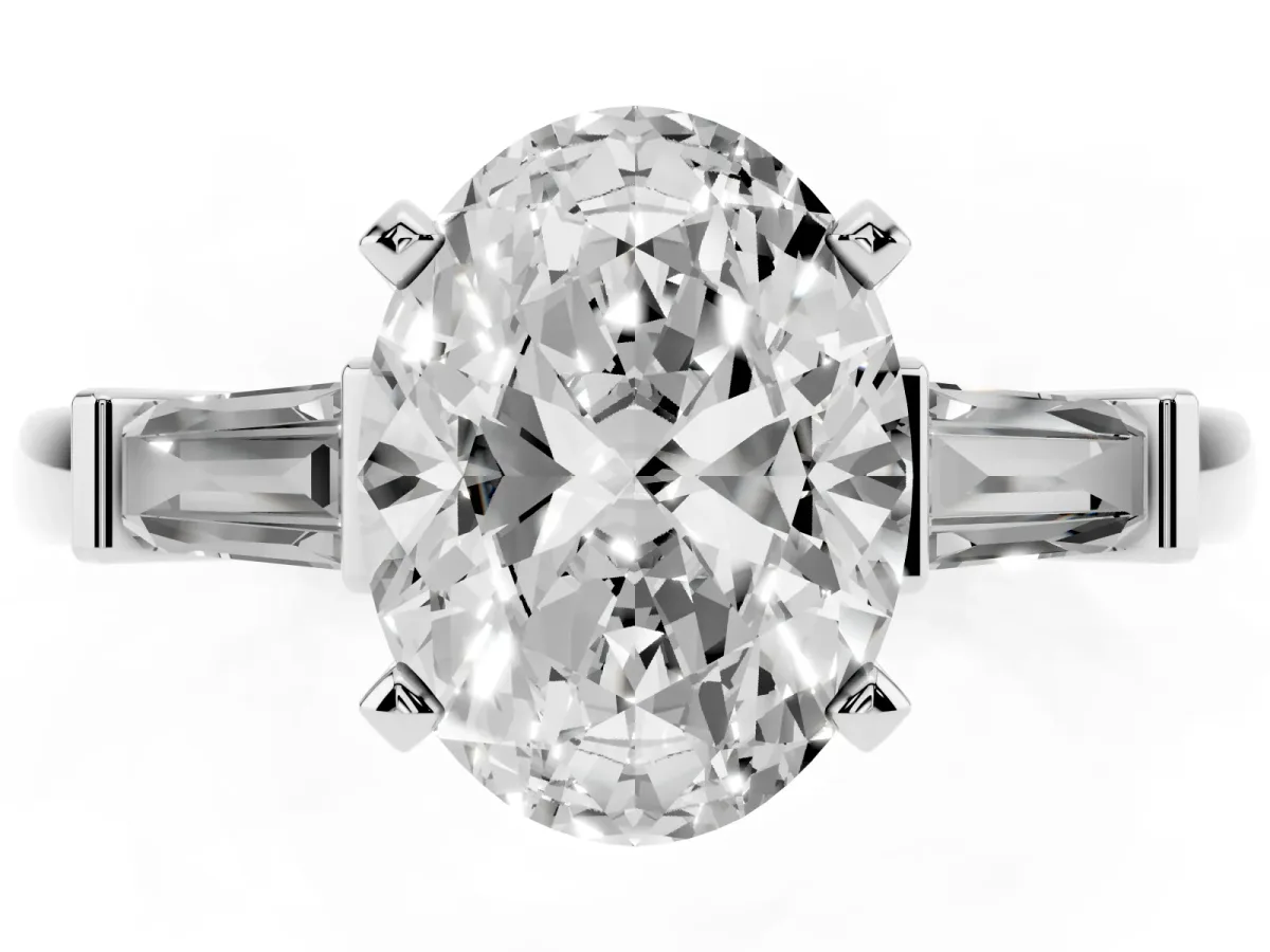 Oval Cut Cut Diamond Solitaire Ring with Tapered Baguette Accents and Four-Prong Setting Platinum