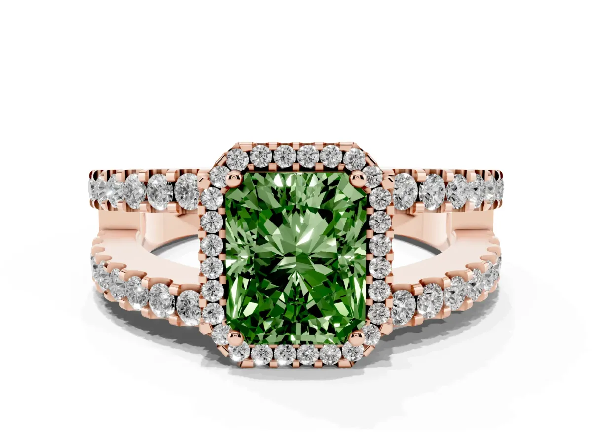 Fancy Green Radiant Cut Cut Halo Split Shank Diamond Ring with Four-Prong Setting Rose gold