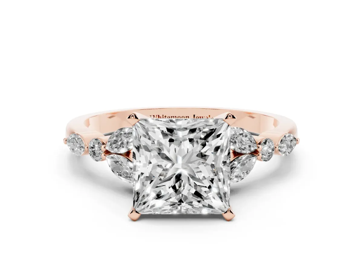 Princess Cut Diamond Solitaire Ring with Side Stones and Four-Prong Setting Rose gold