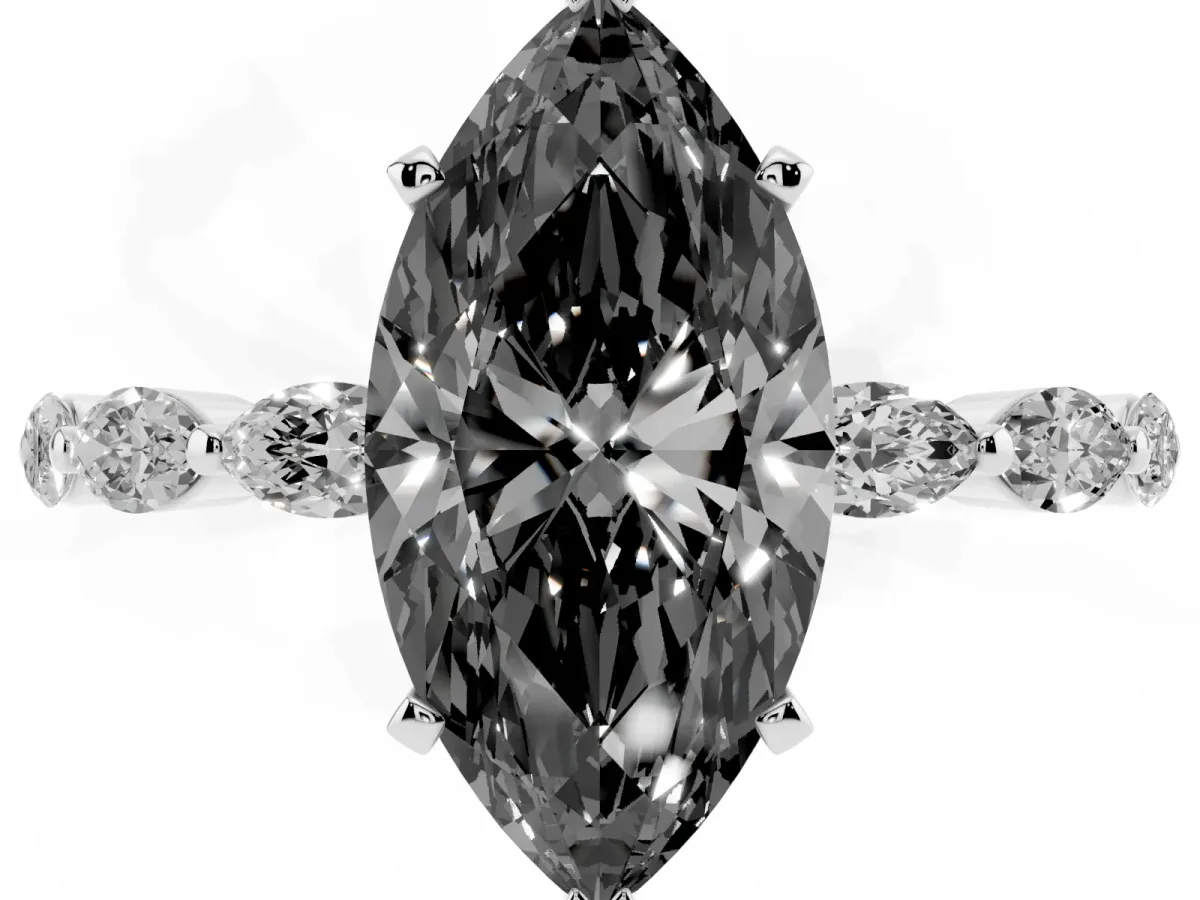 Fancy Black Marquise Cut Diamond Ring with Marquise Side Stones and Prong Setting Platinum