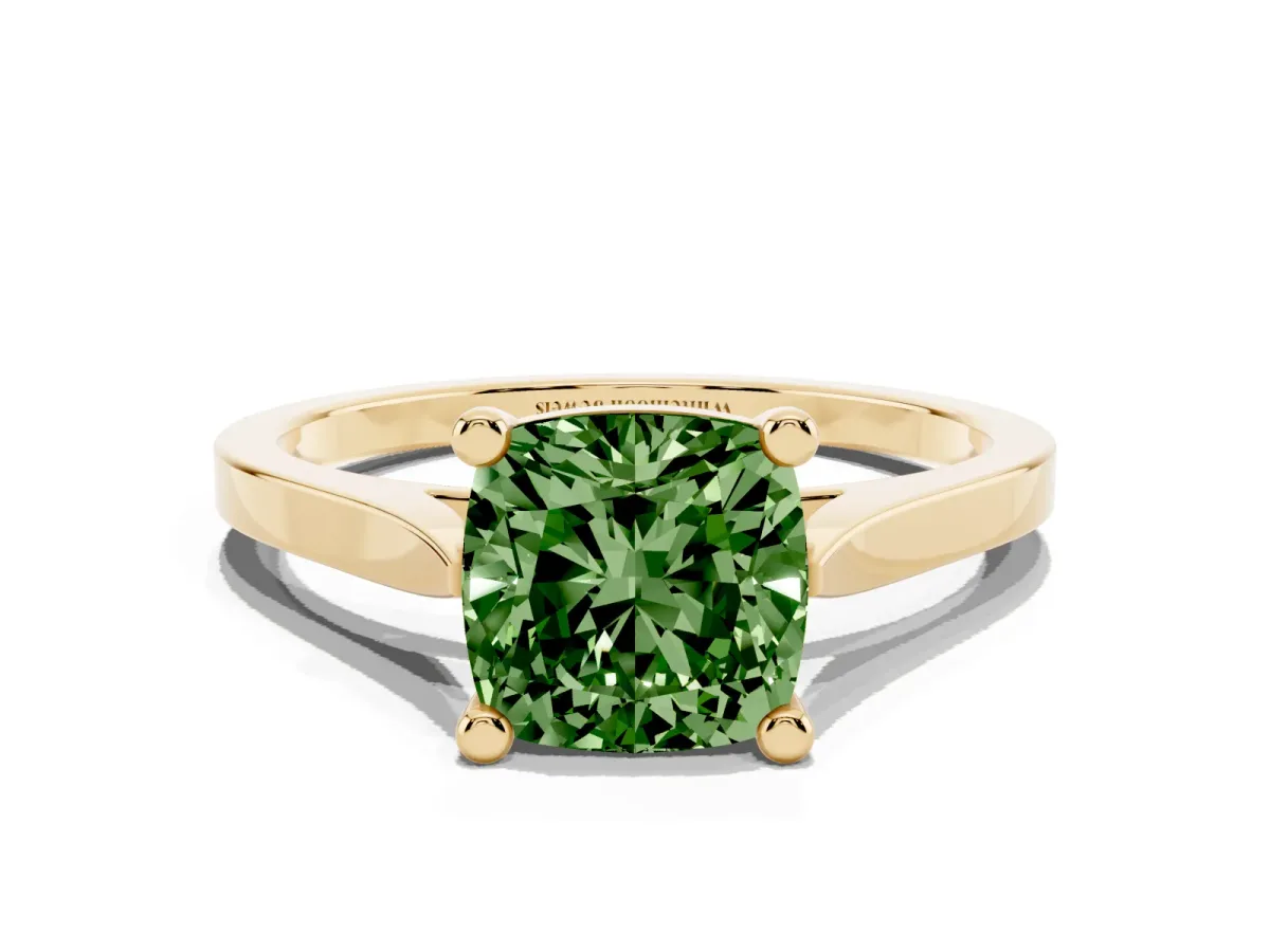 Fancy Green Cushion Cut Solitaire Diamond Ring with Four-Prong Setting and Tapered Band Yellow gold