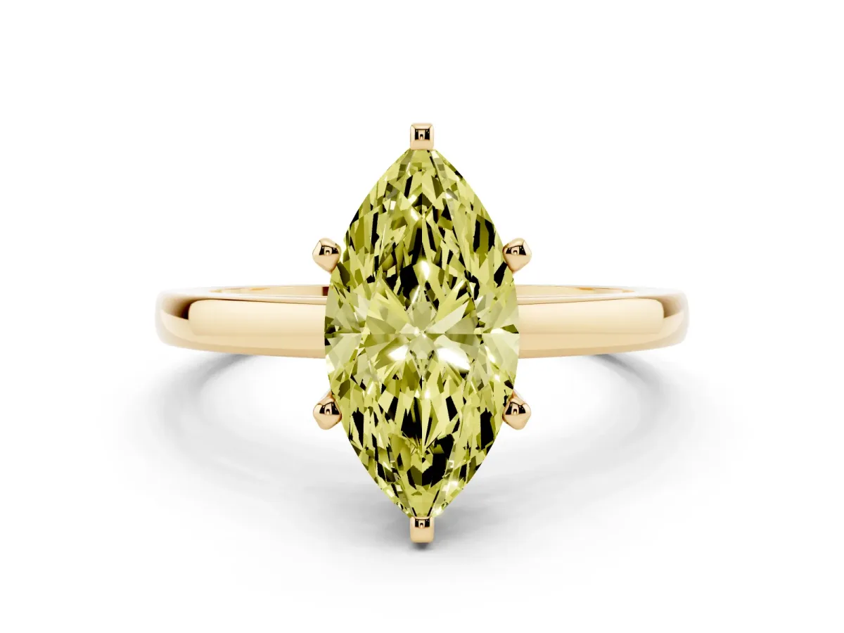 Fancy Yellow Marquise Cut Solitaire Diamond Engagement Ring with Four-Prong Setting on a Classic Band Yellow gold