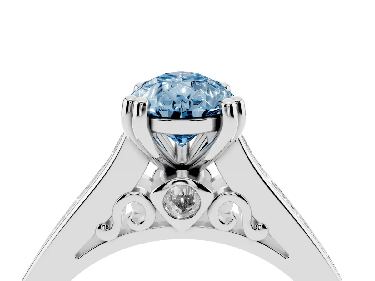 Fancy Blue Pear Cut Cut Channel Set Solitaire Engagement Ring with Prong Setting Silver
