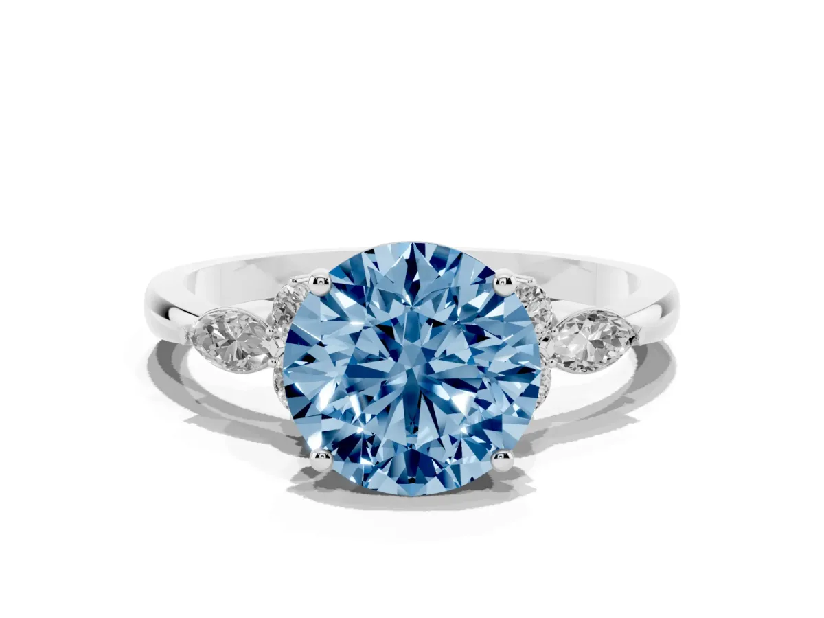 Fancy Blue Round Cut Brilliant Diamond Solitaire Ring with Pear Side Stones and Four-Prong Setting Silver