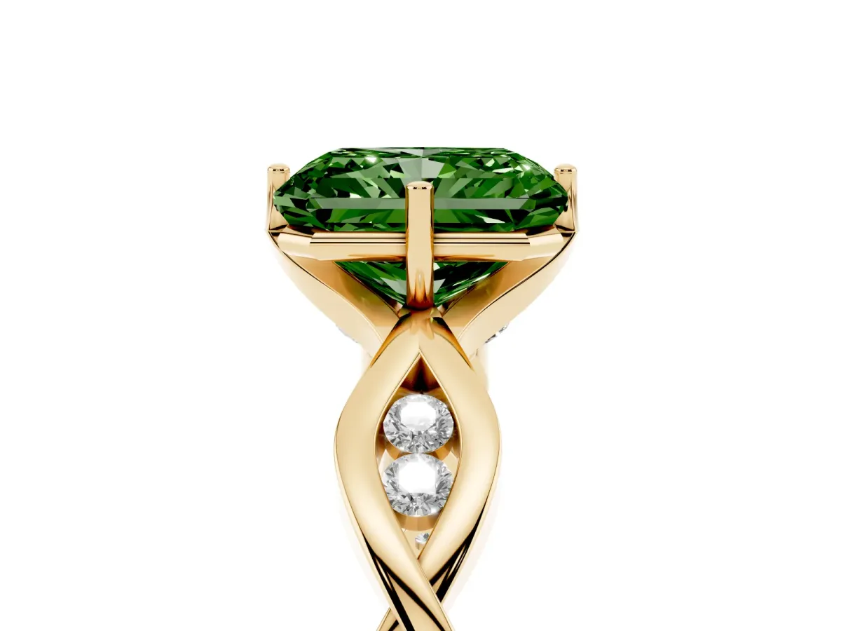 Fancy Green Radiant Cut Solitaire Twist Band with Leaf Prong Setting Yellow gold