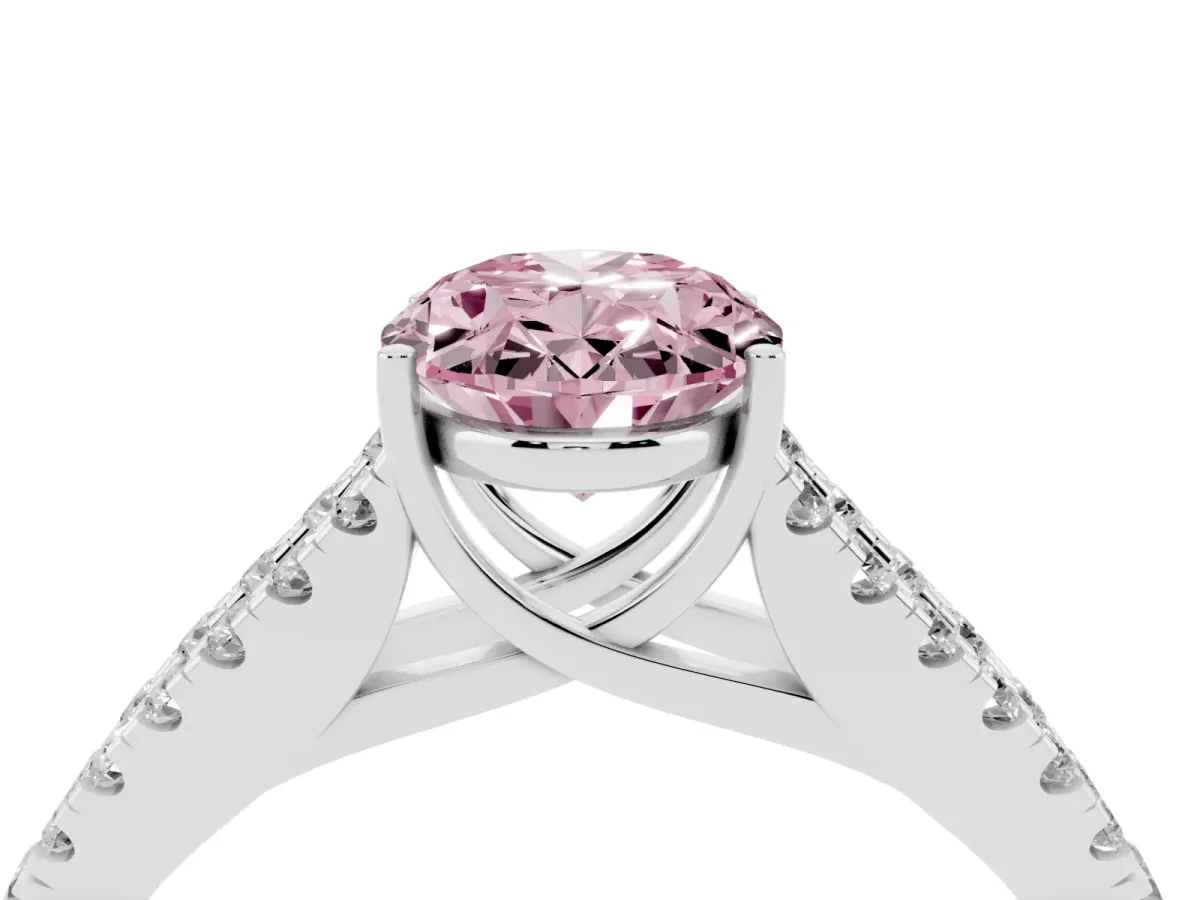 Fancy Pink Oval Cut Diamond Split Shank Engagement Ring with Round Pavé and Prong Setting Silver