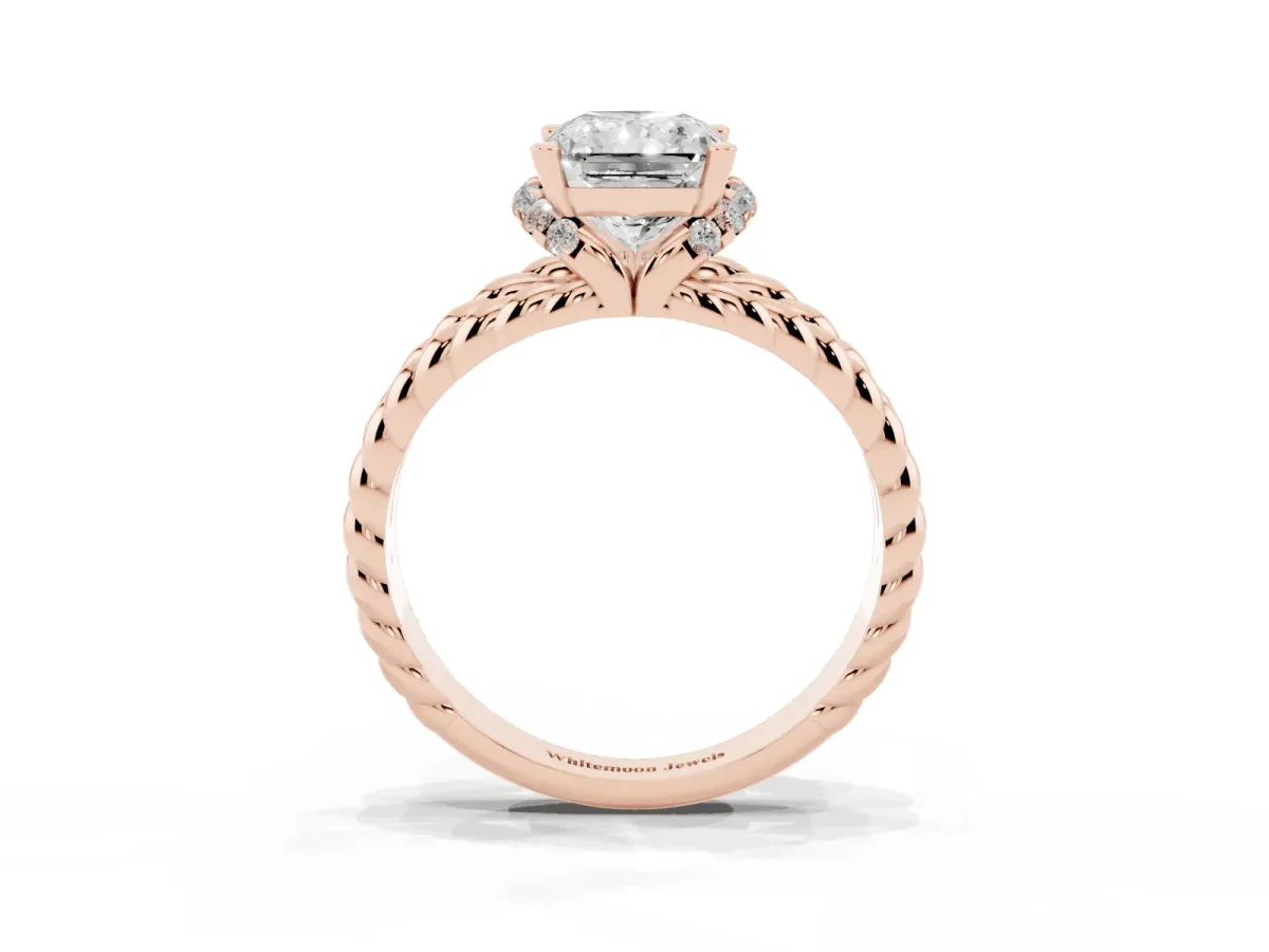 Radiant Cut Halo Twisted Band Four-Prong Ring Rose gold