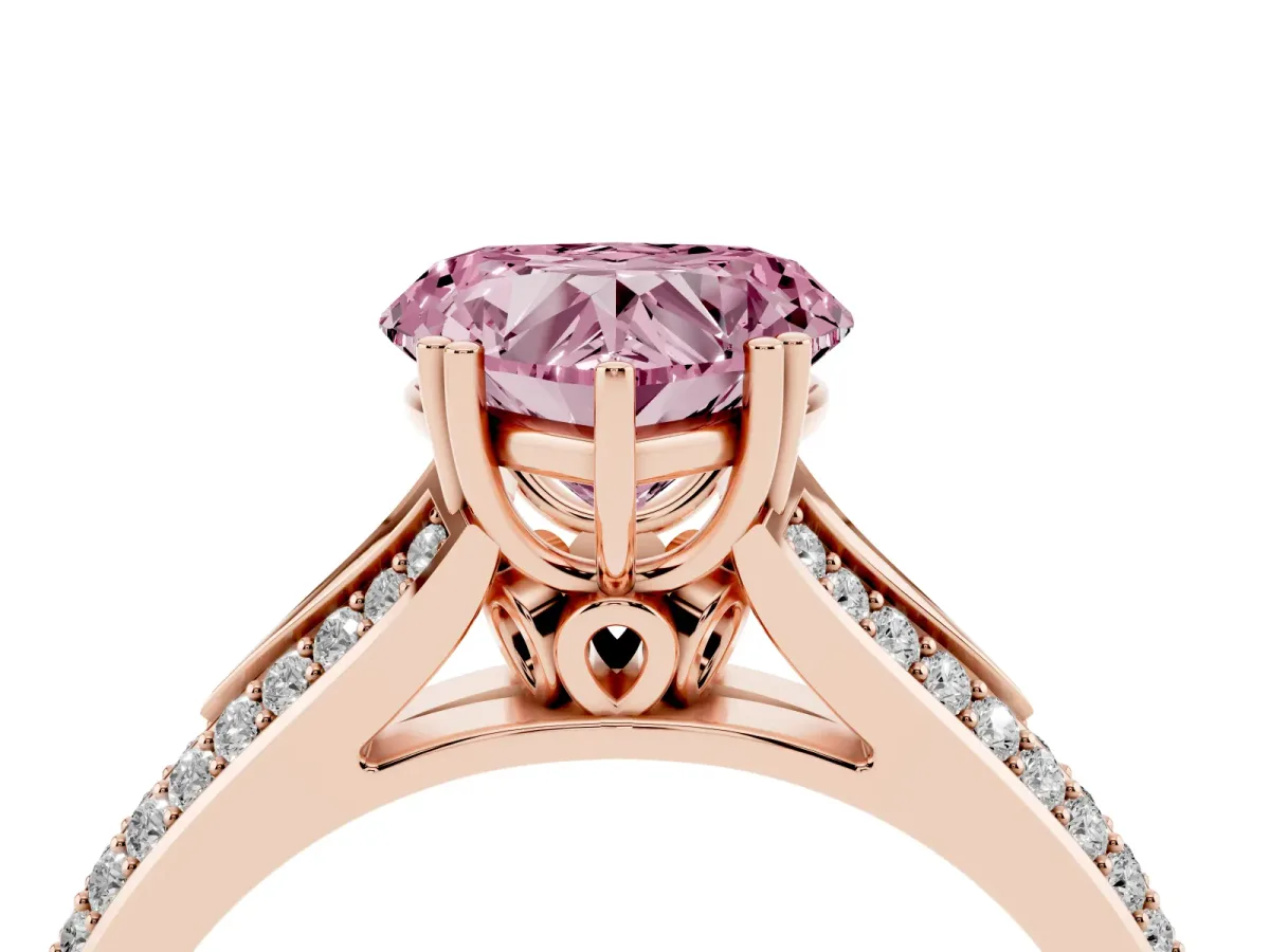 Fancy Pink Heart Cut Diamond Split Shank Engagement Ring with Pavé Band Rose gold