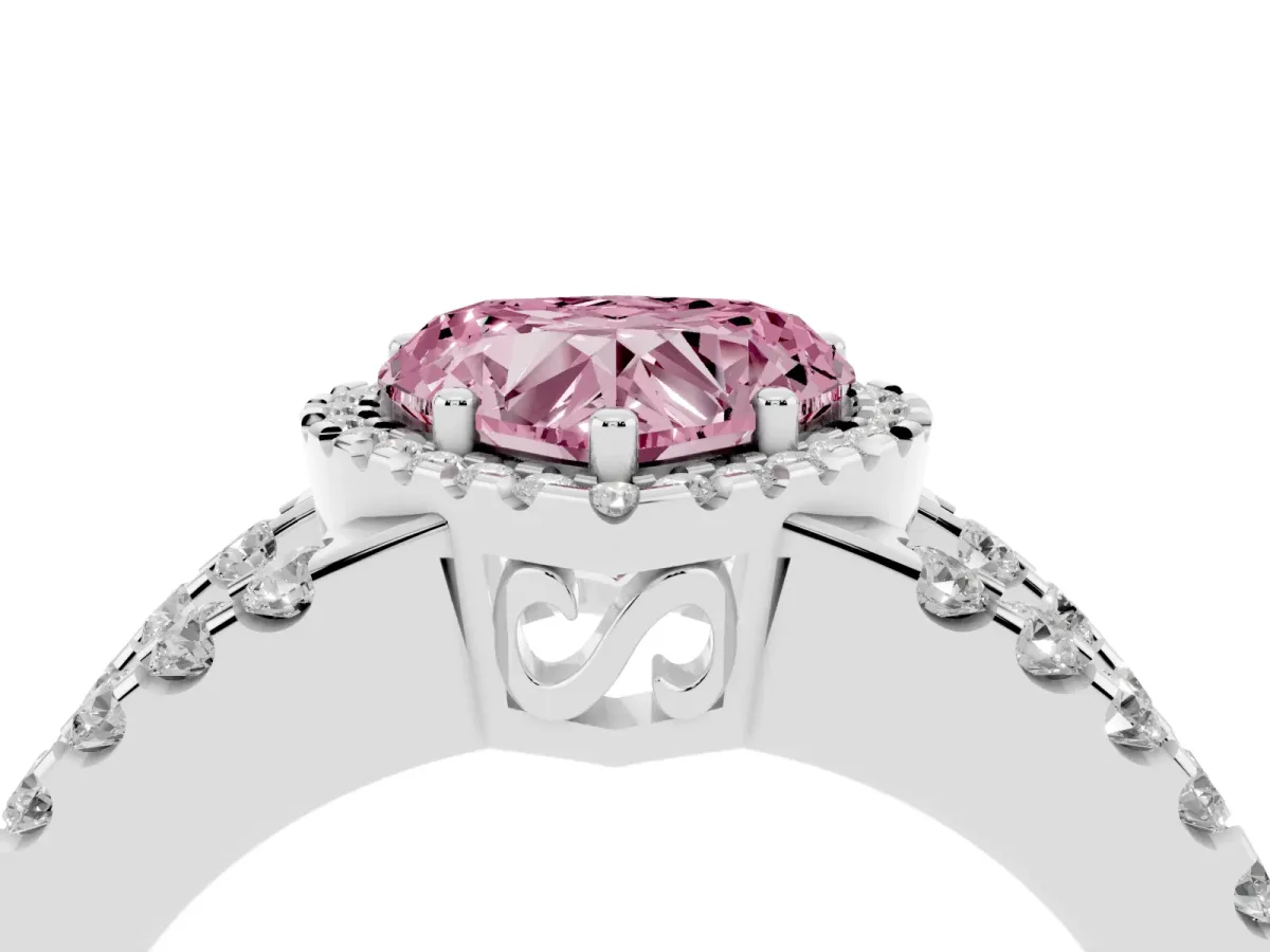 Fancy Pink Heart Cut Cut Halo Split Shank Diamond Ring with Four-Prong Setting Silver