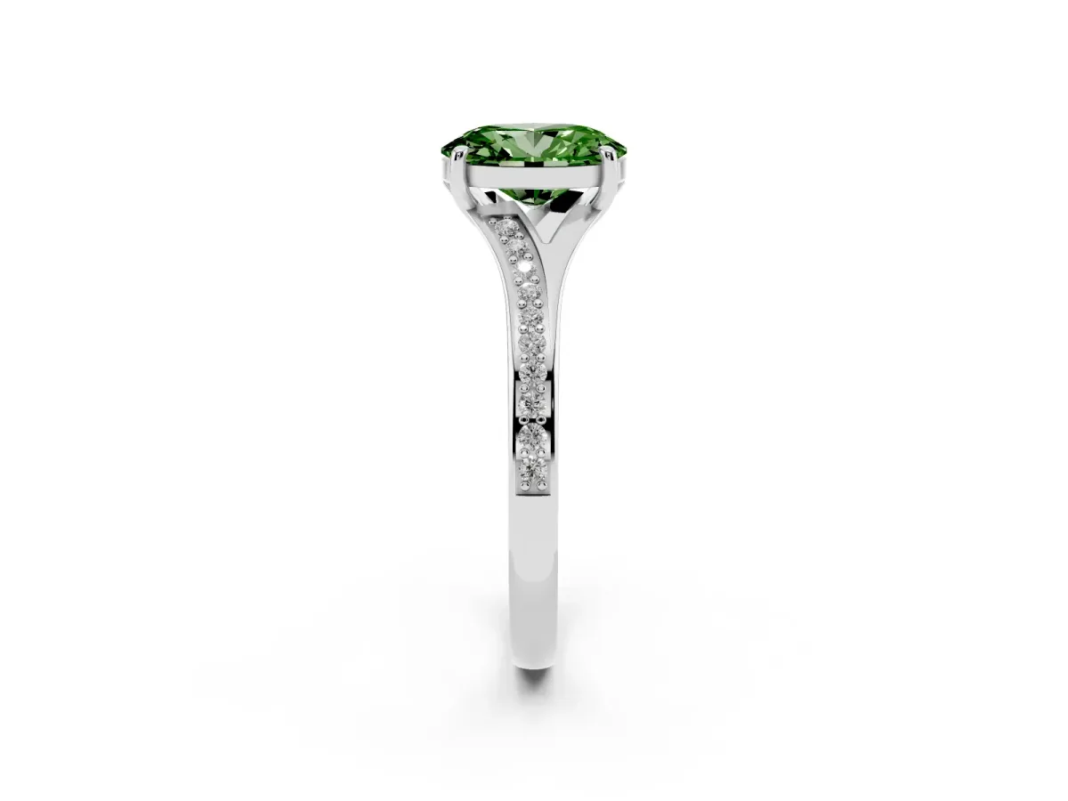 Fancy Green Oval Cut Diamond Solitaire Ring with Pavé Band and Prong Setting Silver