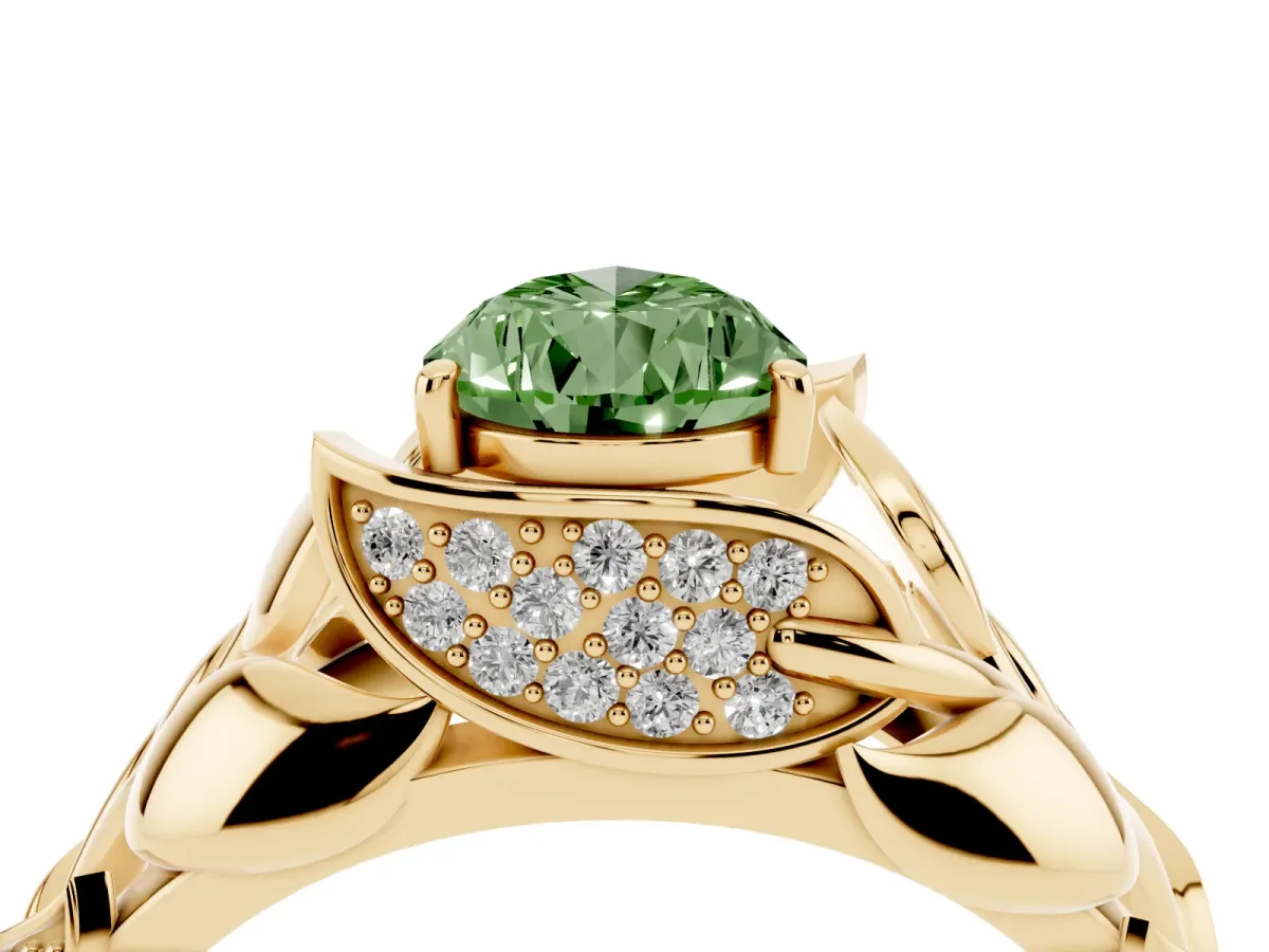 Fancy Green Pear Cut Diamond Leaf-Inspired Engagement Ring with Round Accents and Prong Setting Yellow gold