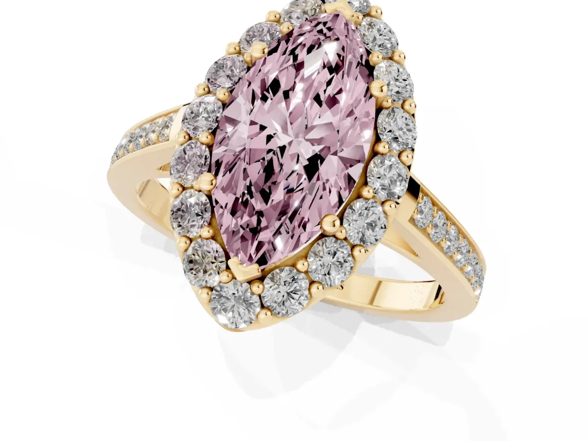 Fancy Pink Marquise Cut Diamond Floral Halo Ring with Pavé Band and Prong Setting Yellow gold