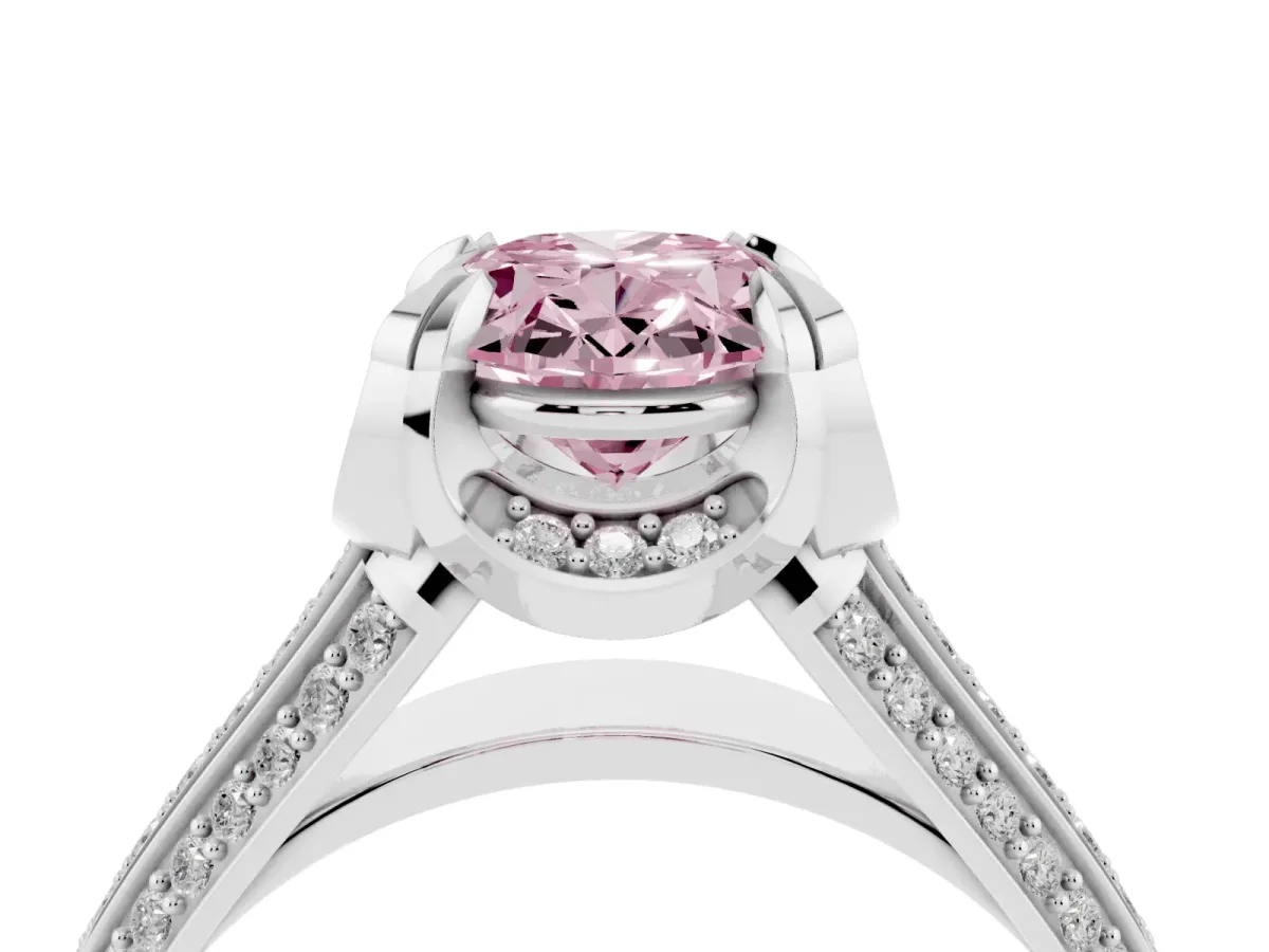 Fancy Pink Oval Cut Solitaire Pave Split Shank Ring with Four-Prong Setting Platinum