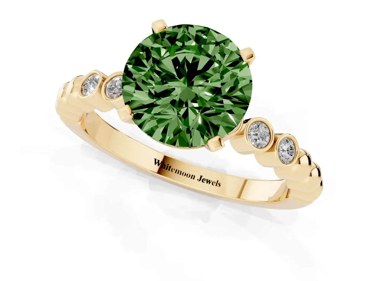 Fancy Green Round Cut Solitaire Bezel Accent Diamond Engagement Ring with Beaded Band and Four-Prong Setting Yellow gold
