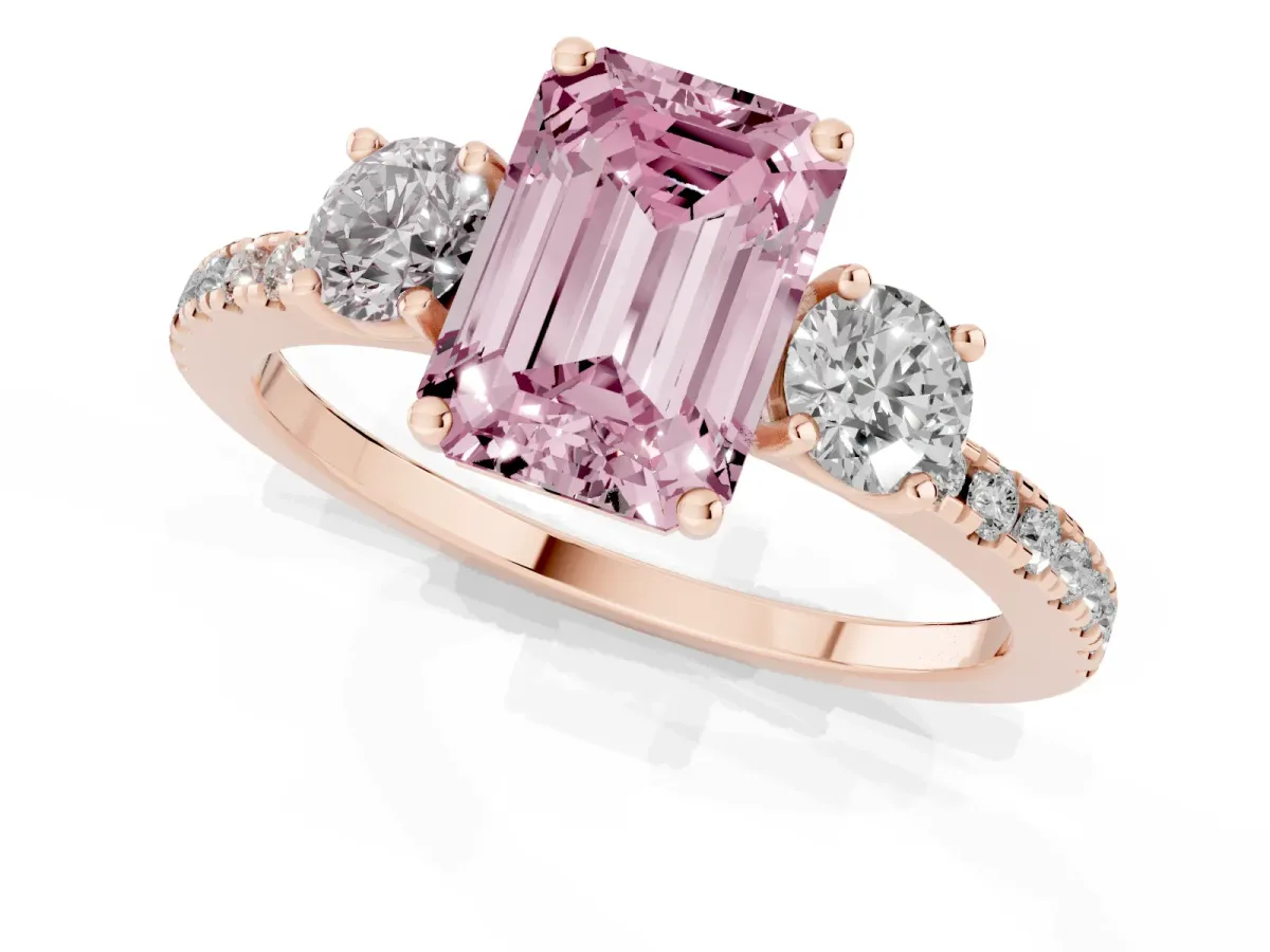 Fancy Pink Three-Stone Emerald Cut Cut Diamond Pavé Band with Prong Setting Rose gold