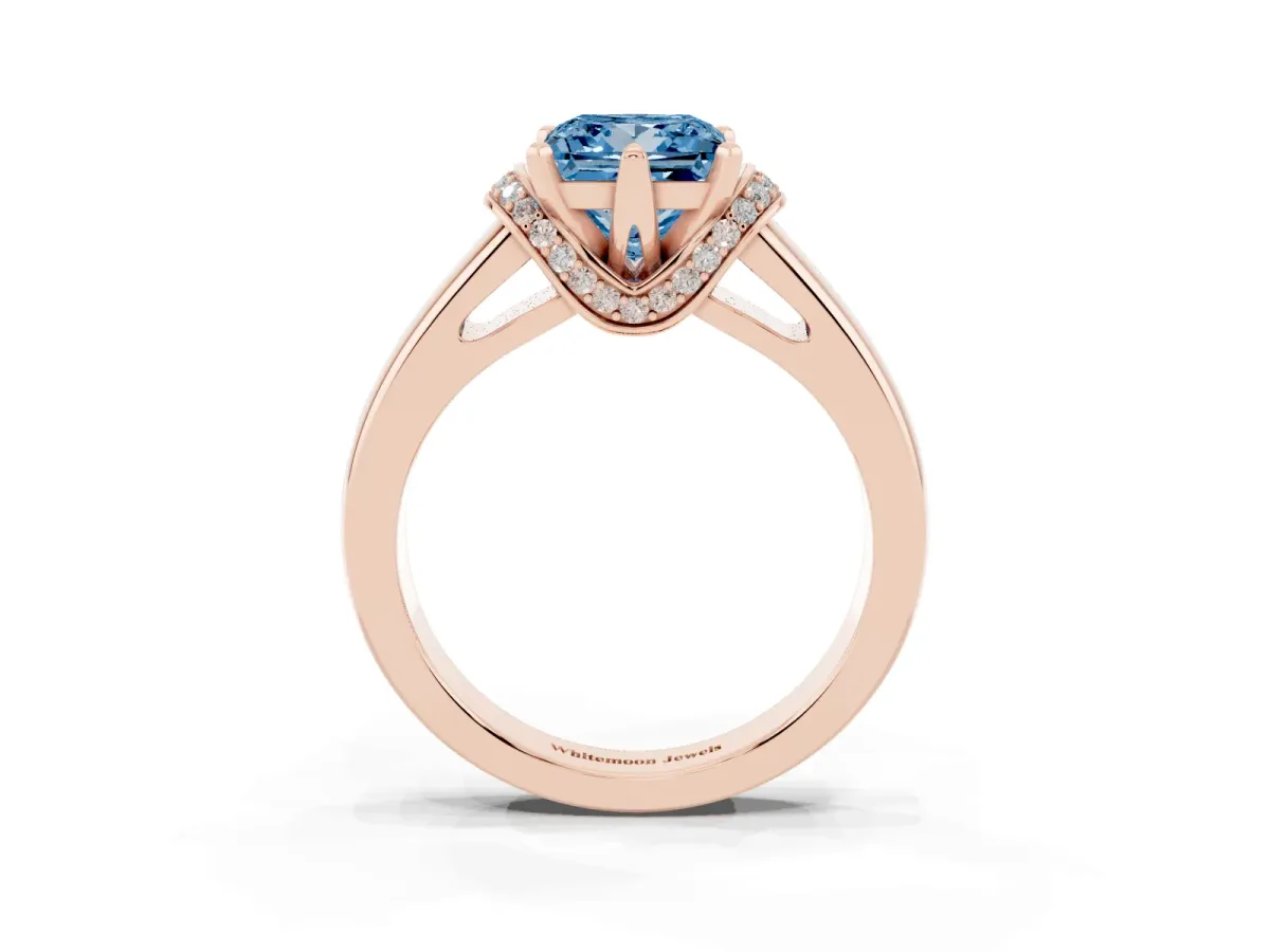 Fancy Blue Princess Cut Solitaire Diamond Ring with Pave Band and Six-Prong Setting Rose gold