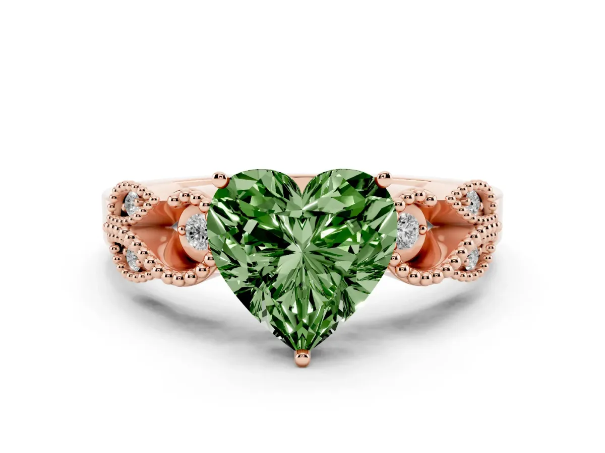 Fancy Green Heart Cut Solitaire Milgrain Leaf Band with Prong Setting Rose gold