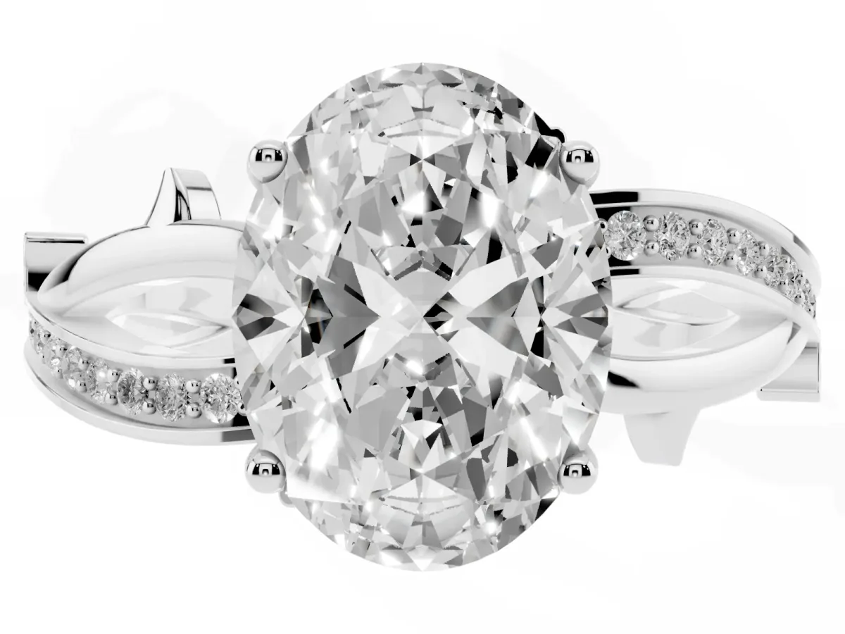 Oval Cut Solitaire Twist Band with Pavé Accents and Four-Prong Setting Silver