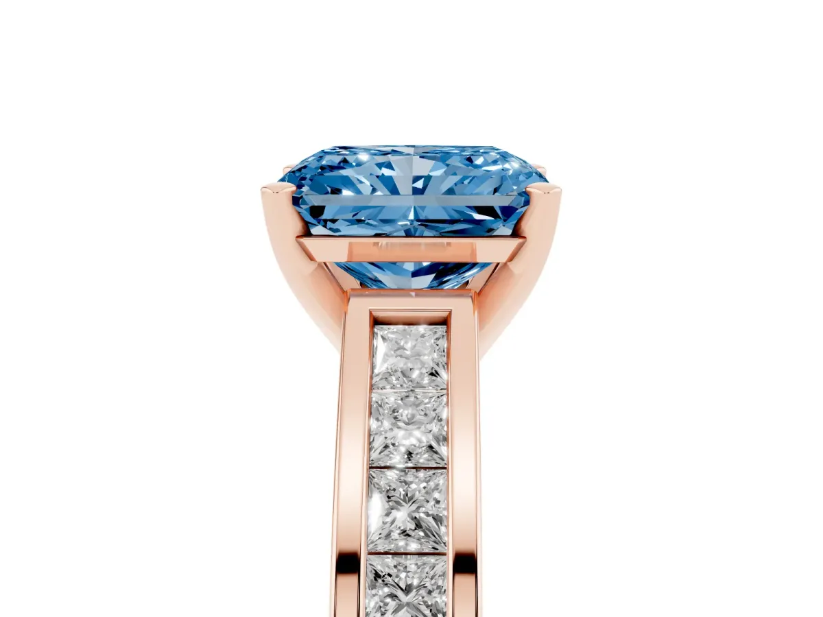 Fancy Blue Radiant Cut Solitaire Diamond Ring with Channel-Set Band and Four-Prong Setting Rose gold
