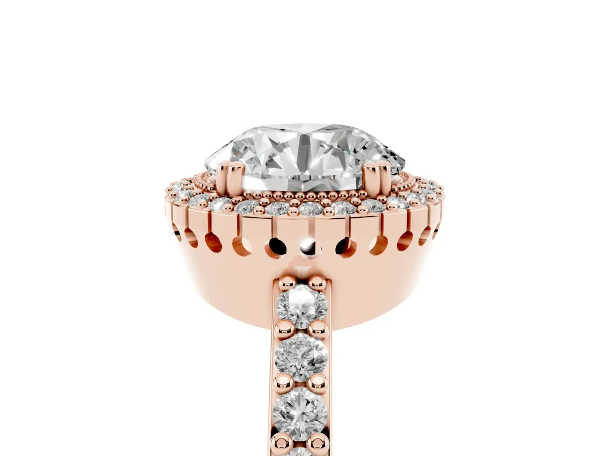Round Cut Cut Diamond Halo Engagement Ring with Milgrain Detail and Pavé Band Rose gold