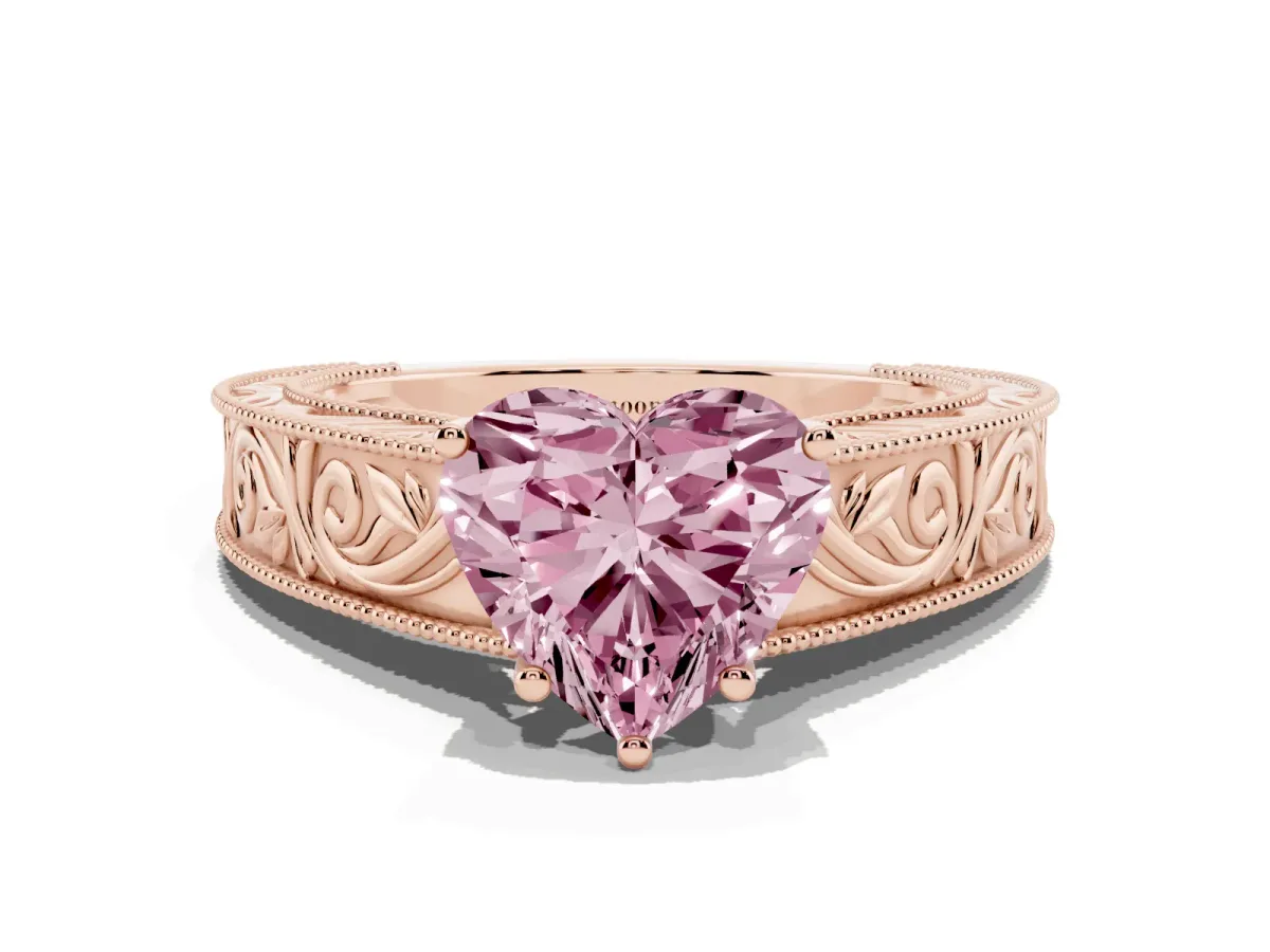 Fancy Pink Heart Cut Diamond Solitaire Ring with Engraved Band and Four-Prong Setting Rose gold