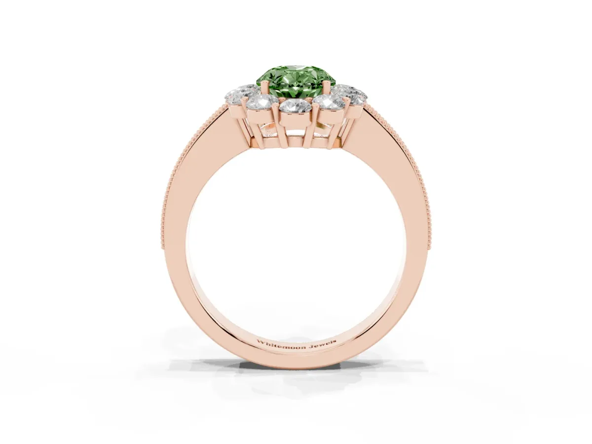 Fancy Green Oval Cut Cut Halo Diamond Pavé Engagement Ring with Milgrain Detailing Rose gold