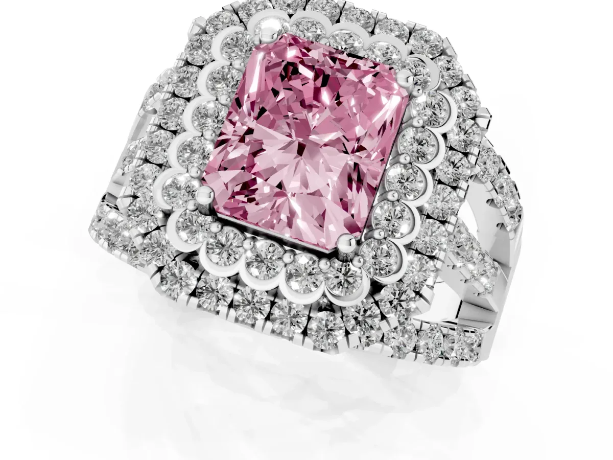 Fancy Pink Radiant Cut Diamond Double Halo Ring with Round Pavé Split Shank and Prong Setting Silver